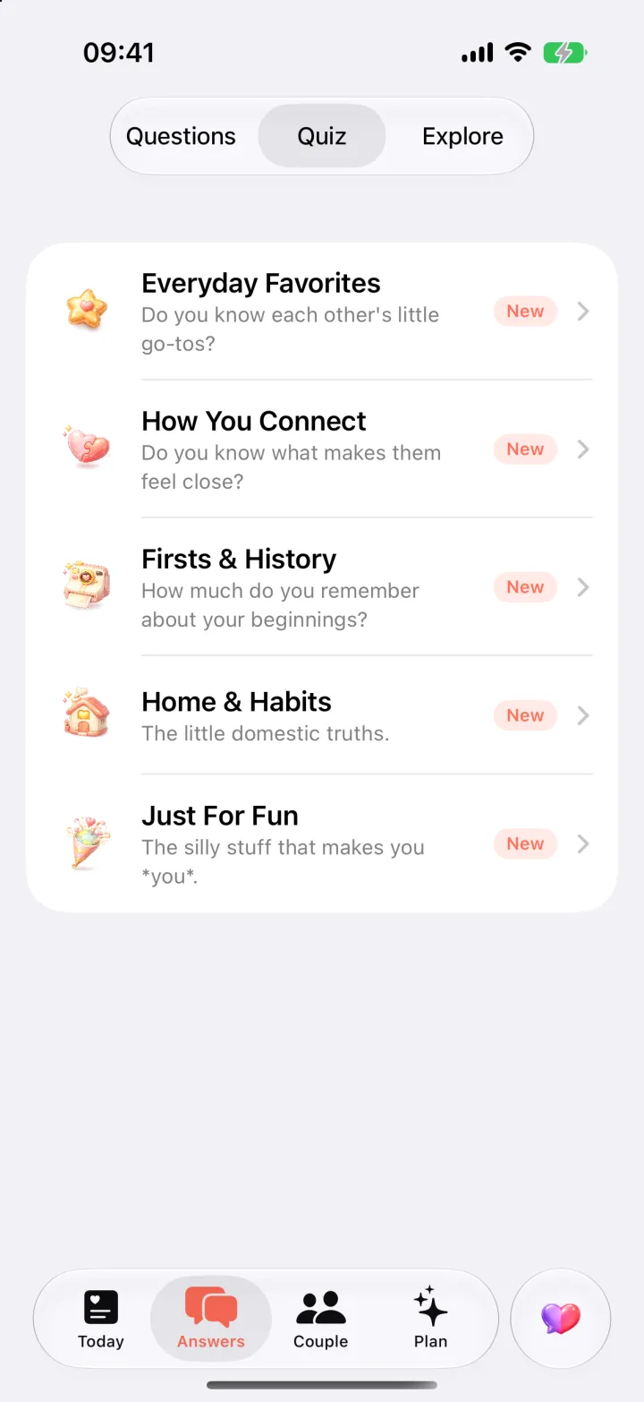 A list of quiz packs: Everyday Favorites, How You Connect, Firsts & History, Home & Habits, Just For Fun.